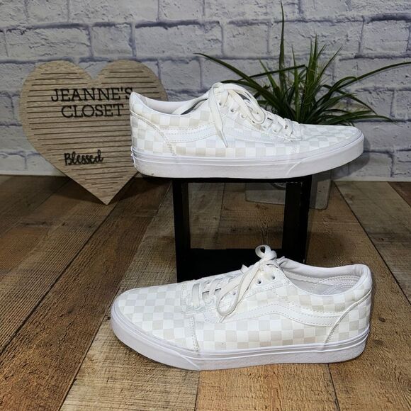 Vans Checkered Checkerboard Lace Up Sneakers White on White Mens 11.5 - Picture 1 of 11